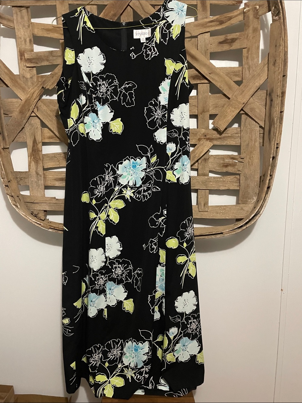 Studio I Black Floral Maxi Dress with Blue and Lime Accents